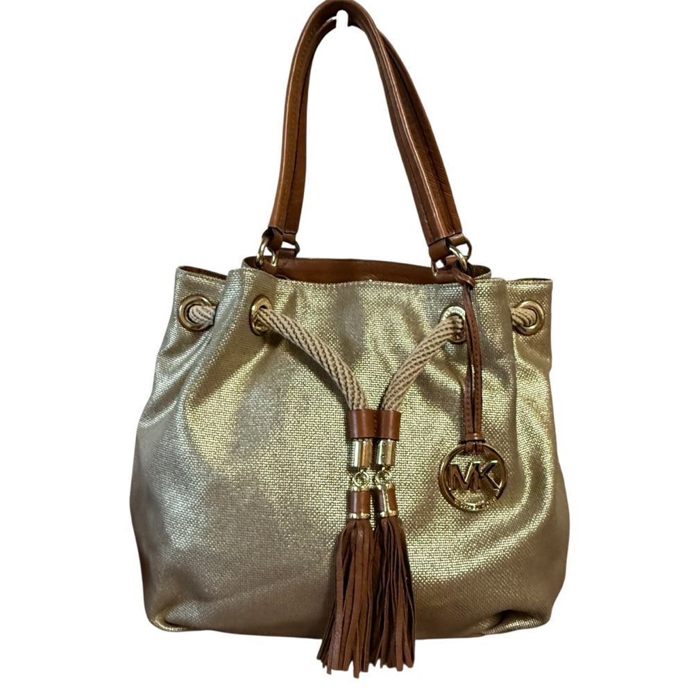 Michael Michael Kors Marina Large Metallic Canvas Tote in Gold and Brown